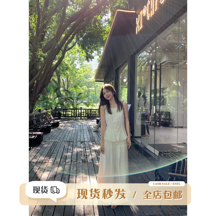 陳文文xenl【佩里月光】新款气质时尚收腰无袖上衣休闲裤两件套0037