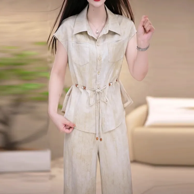 妈妈装阔腿裤套装女夏季2025新款小翻领短袖上衣直筒休闲裤两件套