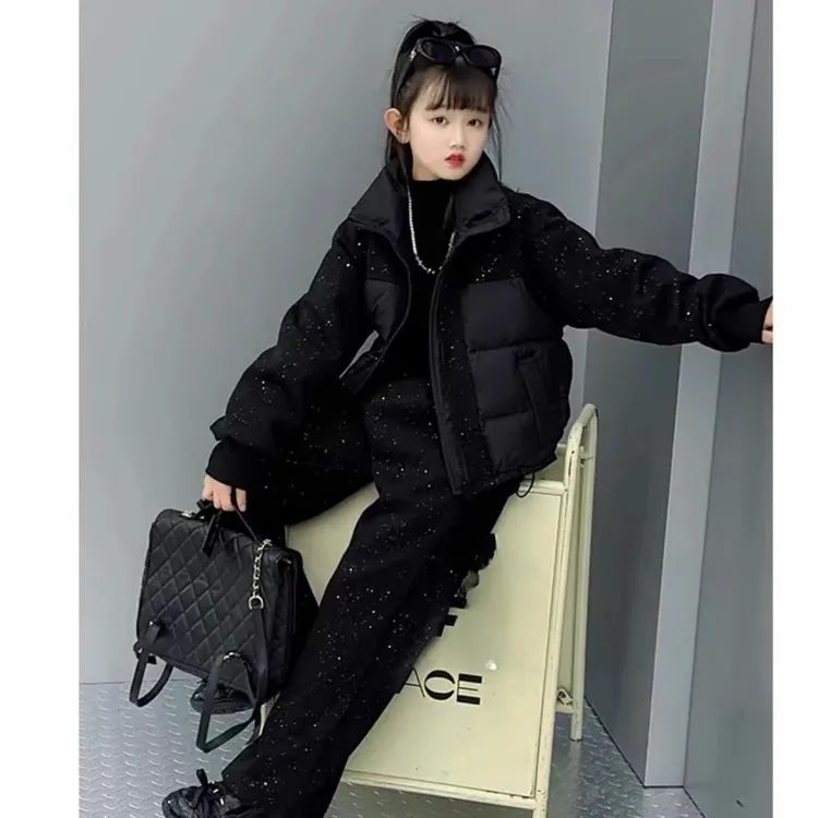 女童冬季棉衣套装新款外套筒裤两件套满天星短款棉服中大童时尚潮