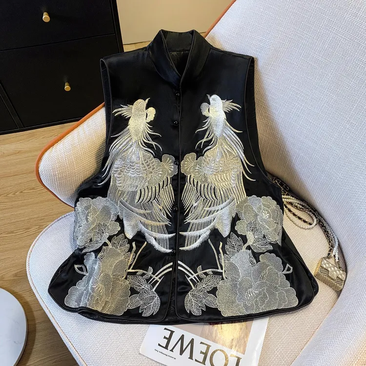高级感醋酸缎面马甲背心女夏轻奢新中式国风重工刺绣坎肩外搭上衣