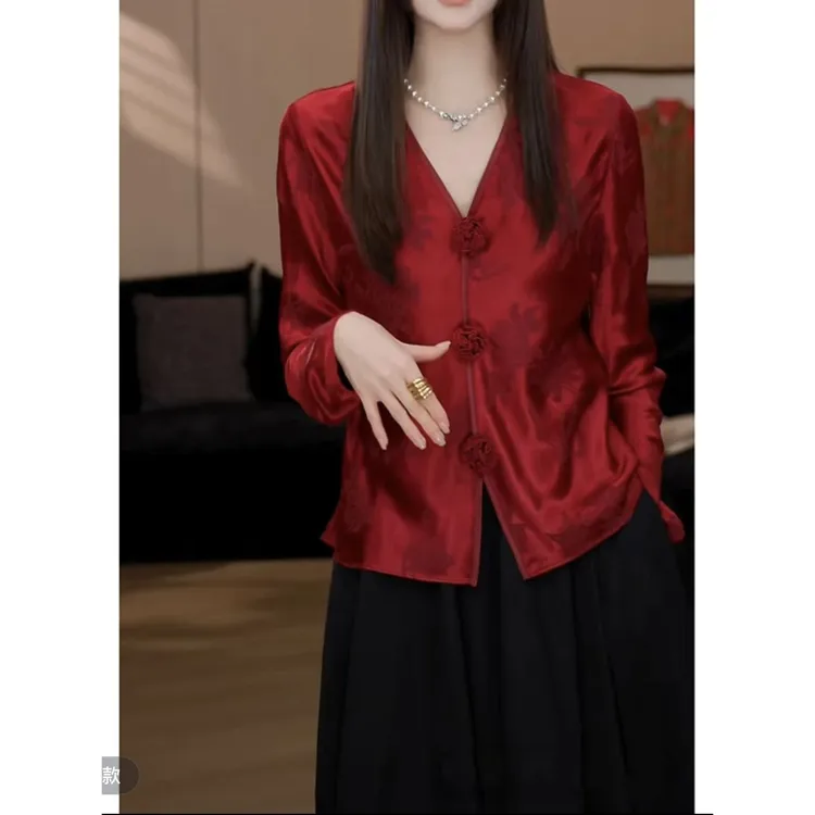 新中式国风女装唐装花朵上衣2025春季新款高级感复古新年红色衬衫