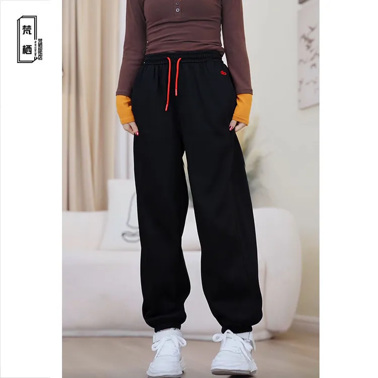 2025加绒加厚字母刺绣束脚裤女秋冬新款时尚宽松卫裤小个子裤子