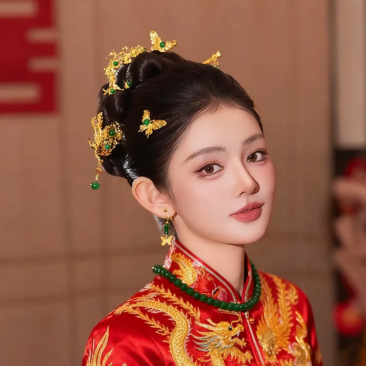 新娘秀禾服中式发饰金绿色精致串珠古风婚礼旗袍龙凤褂头饰MT0159