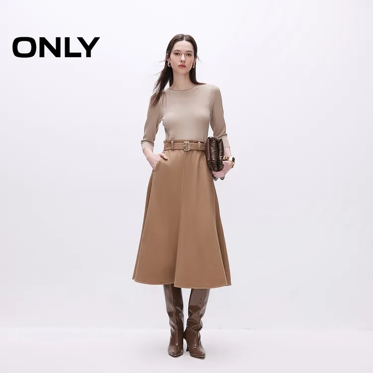ONLY2025新款修身针织牛仔拼接圆领七分袖连衣裙女|125142006