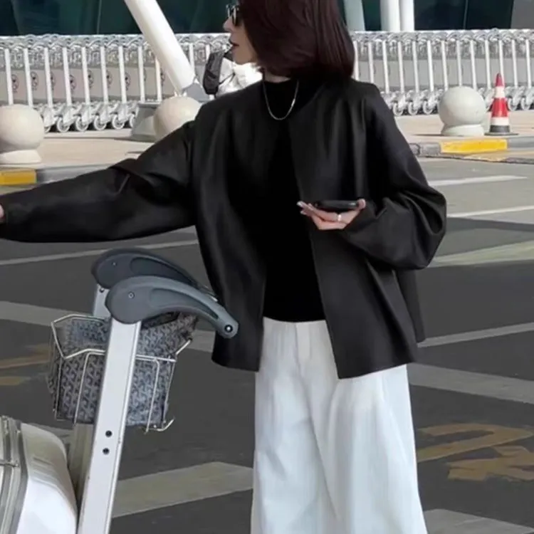 哥弟阿玛施正品赫本风黑色圆领皮衣外套女春季高级感炸街气质外搭