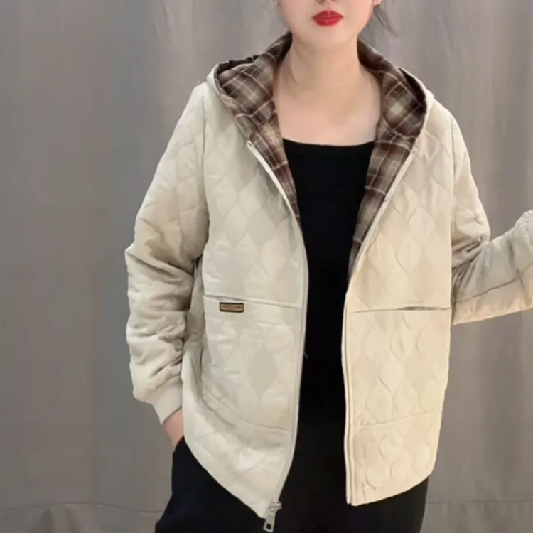25108新款时尚百搭连帽拼格休闲洋气显瘦秋冬宽松女外套