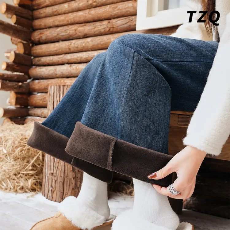 深蓝复古微喇加绒牛仔裤女爆款秋冬款高腰宽松显瘦不贴腿喇叭裤子