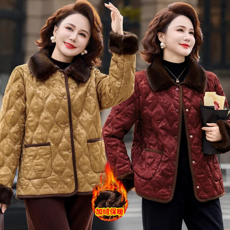 中老年女装冬季时尚妈妈棉衣保暖加厚棉服加绒毛领老年人气质棉衣