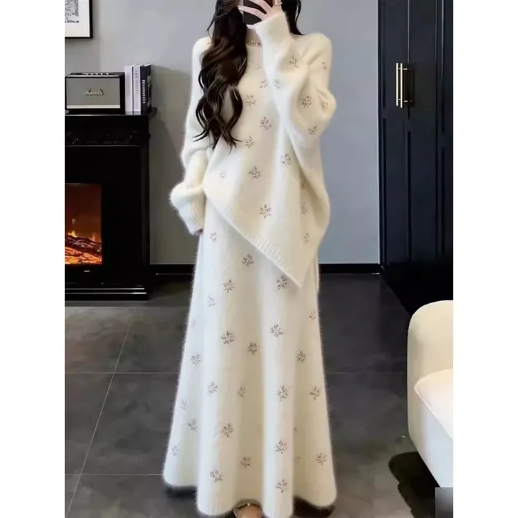 温柔慵懒风毛衣半裙两件套女冬季宽松高级感软糯套装长袖花朵印花