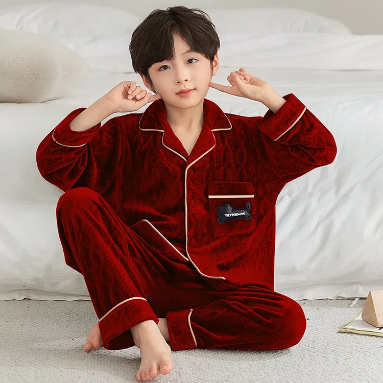 儿童海岛绒红色本命年睡衣秋冬季男童加厚款保暖法兰绒家居服
