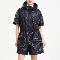 秋冬新款鹅绒羽绒服女连体真两件连帽加厚加绒保暖工装外套修身潮