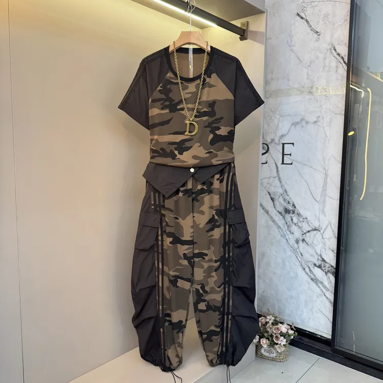 2025早秋新款潮流迷彩短袖弯刀长裤时尚洋气时髦休闲两件套7266
