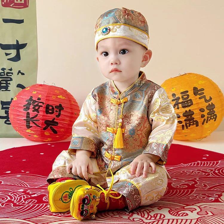 中式抓周礼服男宝婴儿生日宝宝儿童满月周岁百天唐装衣服汉服男童