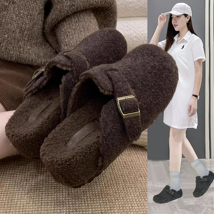 轻奢内增高5CM灰色毛毛鞋女冬外穿厚底勃肯鞋加绒厚底包头拖棉鞋
