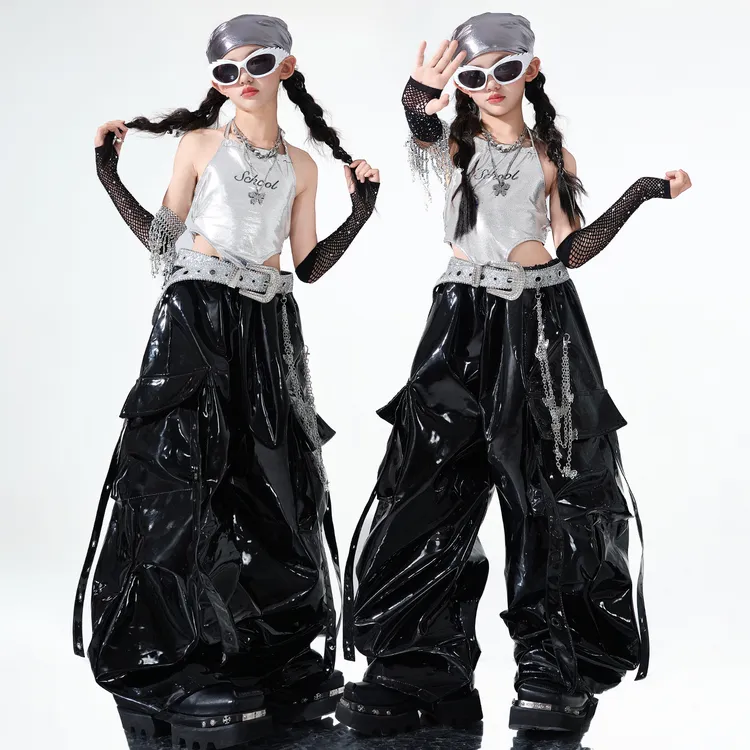 女团爵士舞服韩版辣妹银色吊带皮裤jazz舞蹈服女童街舞走秀演出服