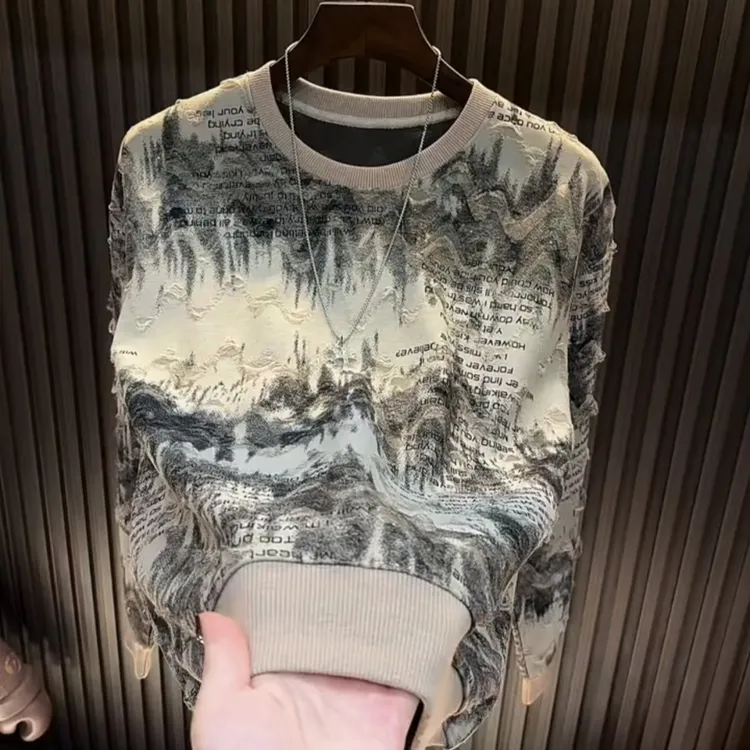 秋冬长袖卫衣新款字母男满天星亮闪破洞男上衣轻奢圆领潮流打底衫