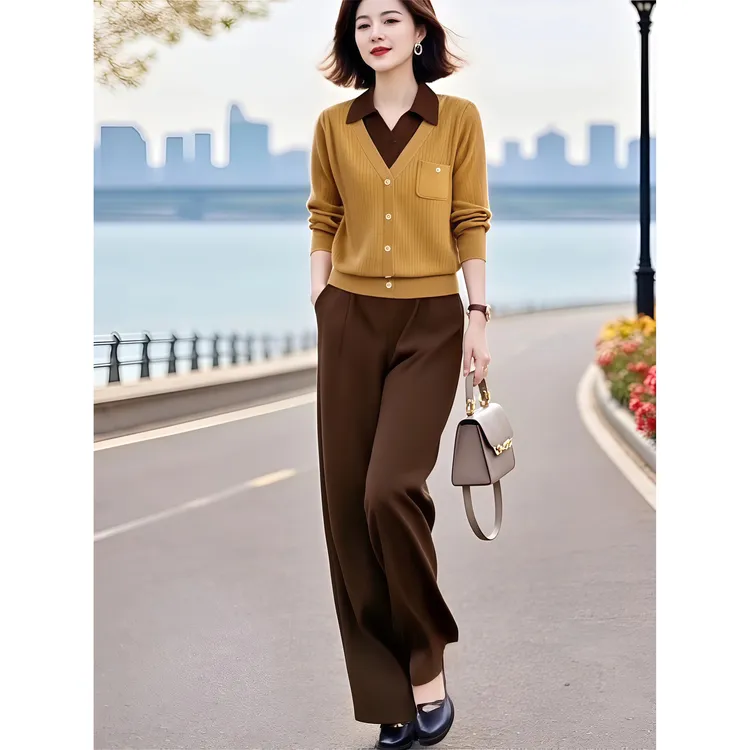 素订女装原创品牌翻领假两件针织衫+半松紧腰九分裤套装秋