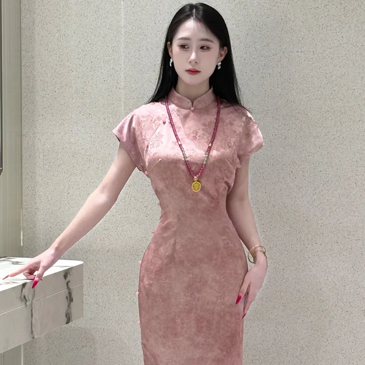 LHMknk1画报夫人原创自制新中式中国风夏季薄款粉色旗袍 粉面含春