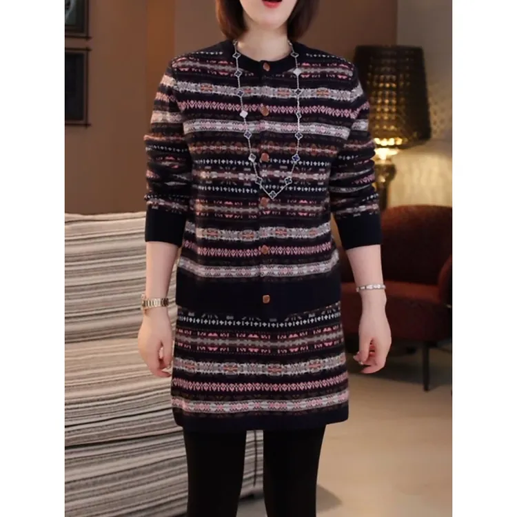 高级感休闲复古条纹针织套装2025秋冬新款慵懒宽松显瘦毛衣+半裙