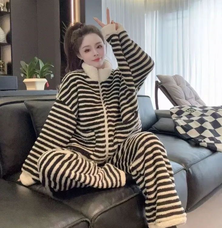 条纹立领宽松拉链加厚保暖女士睡衣家居服套装