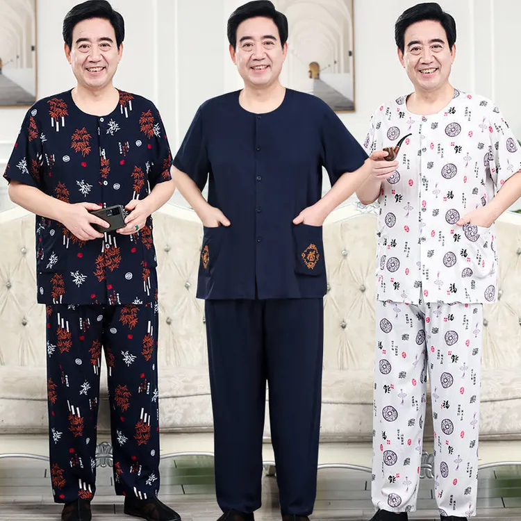 中老年棉绸男士开衫爷爷服套装唐装短袖长裤睡衣休闲棉绸套装爸爸