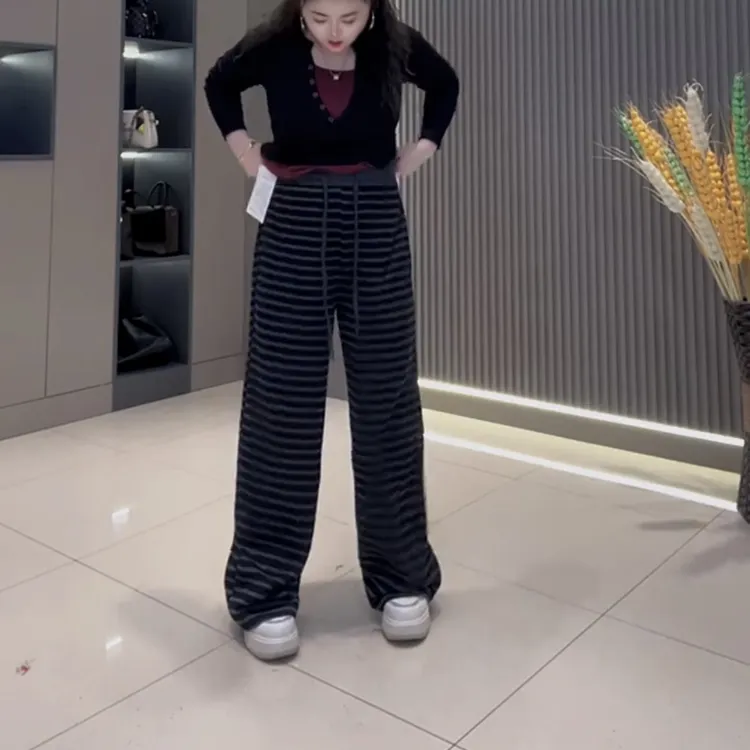 鑫家1361新款阔腿休闲裤条纹高腰