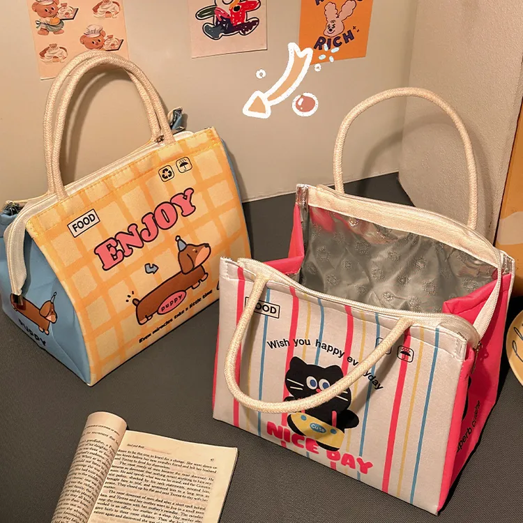 手拎多巴胺饭盒袋儿童学生大容量手提饭包保温包上班族带饭便当包