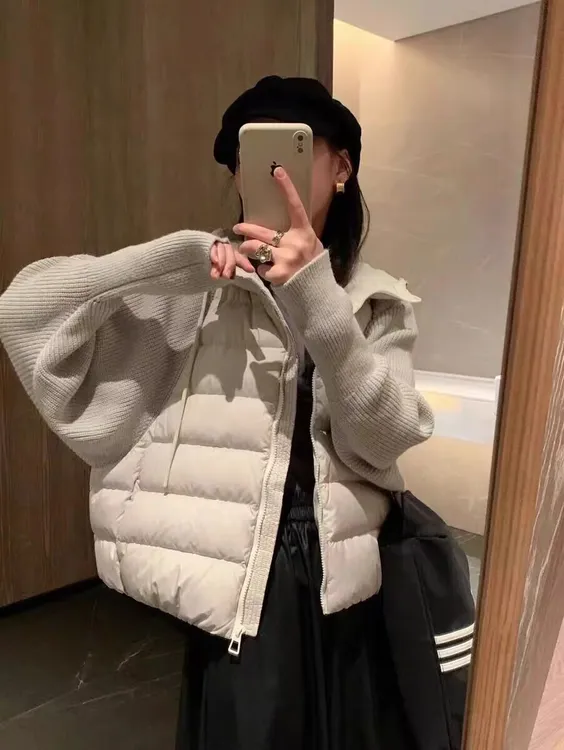 针织拼接连帽服女短款2025年新款冬季爆款时尚百搭轻薄棉衣袄外套