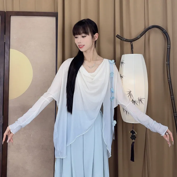 ShiShi古典舞渐变宽松网纱罩衫上衣飘逸舞蹈服现代舞练功服纱衣