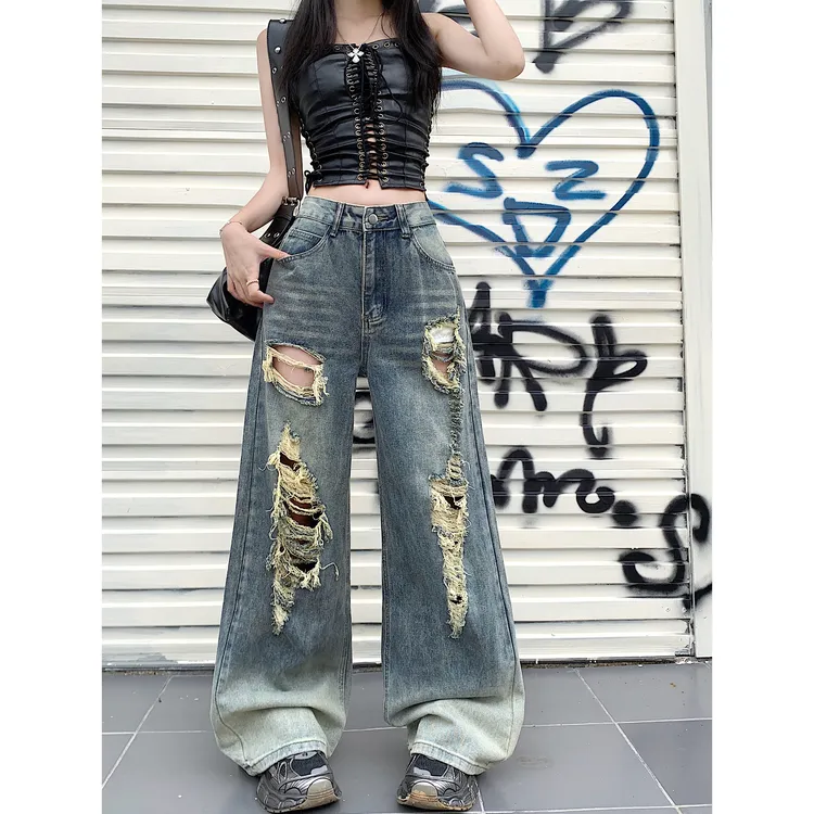 大码辣妹水洗破洞牛仔裤女夏季新款复古高腰宽松显瘦直筒阔腿裤子