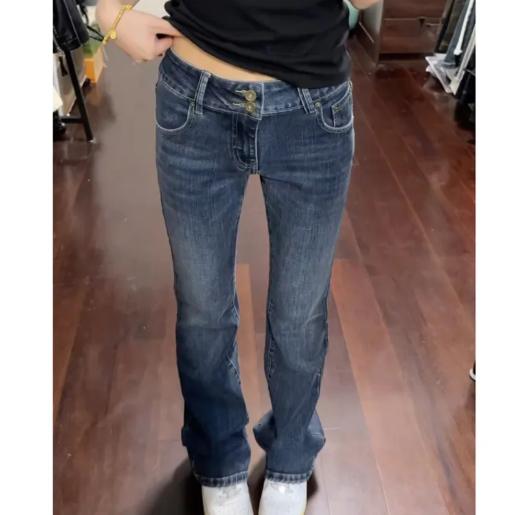 萱贝纯春季新款高腰显瘦潮流街头牛仔裤窄版百搭直筒拖地长裤子女