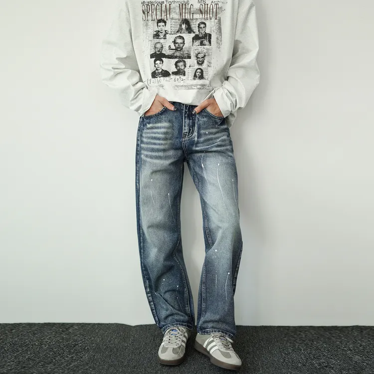 街头潮牌个性泼漆牛仔裤男士2025秋冬水洗蓝色美式高街宽松直筒裤