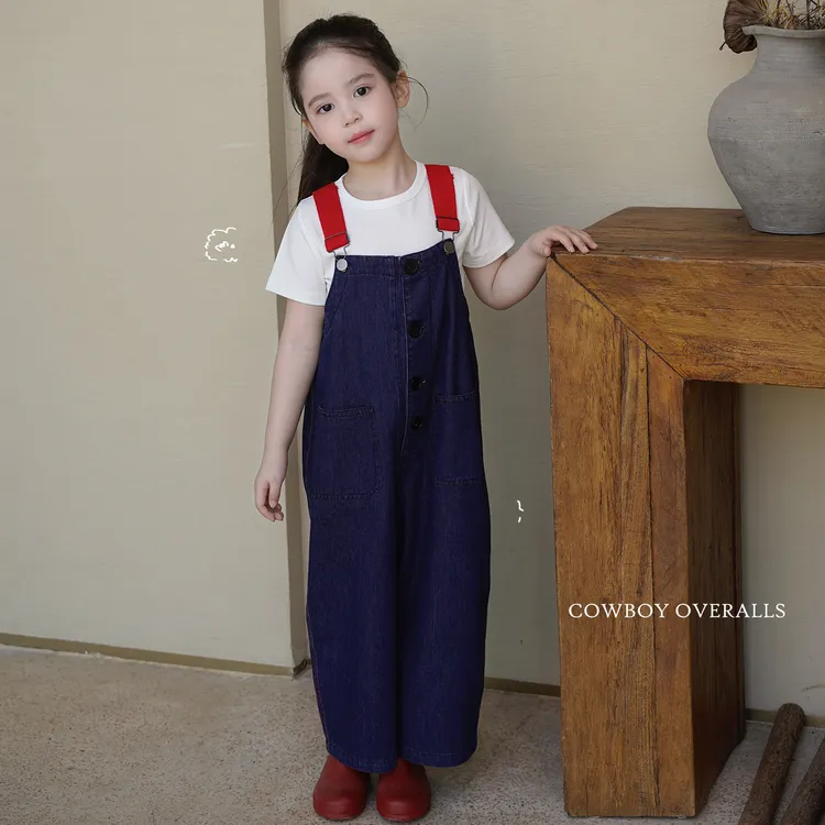AnnieGirl春季新款男女童牛仔背带裤宽松直筒长裤慵懒百搭休闲
