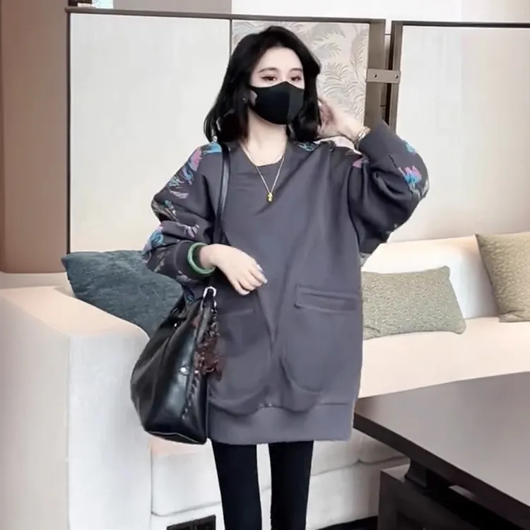 复古静奢灰度格调时尚卫衣女2024年秋冬新款宽松遮肉印花加厚上衣