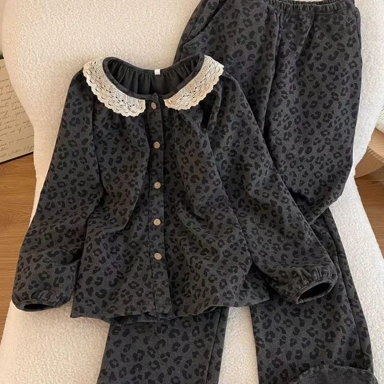 【深灰豹纹kt】德绒睡衣女豹纹秋娃娃领甜美保暖可外穿家居服套装