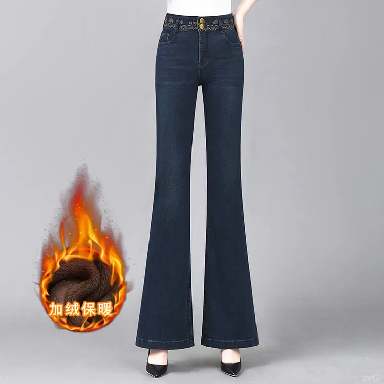 加绒加厚微喇牛仔裤女2025秋冬新款高腰弹力冬季女士中年妈妈裤子