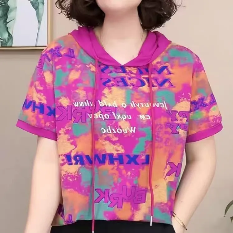 2025夏季新款连帽中老年女装宽松大码T恤显瘦休闲韩版减龄短袖