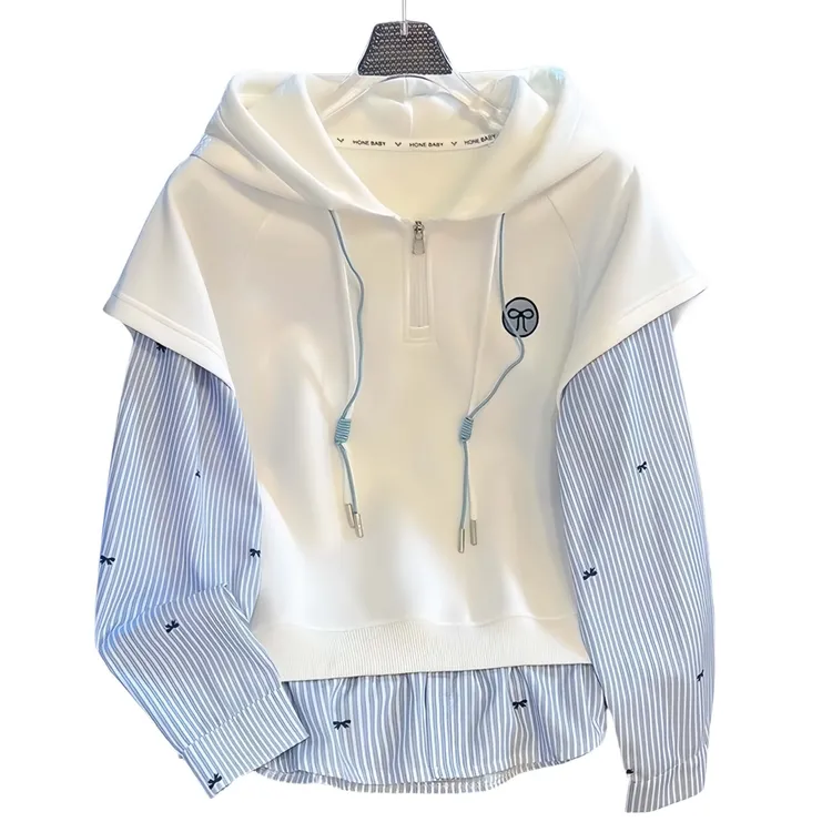2025秋季新款条纹拼接假两件半拉链连帽长袖卫衣女时尚宽松上衣潮