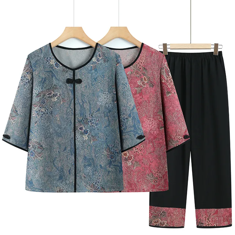中老年人女装夏季新款休闲套装大码妈妈装宽松薄款老人洋气奶奶装