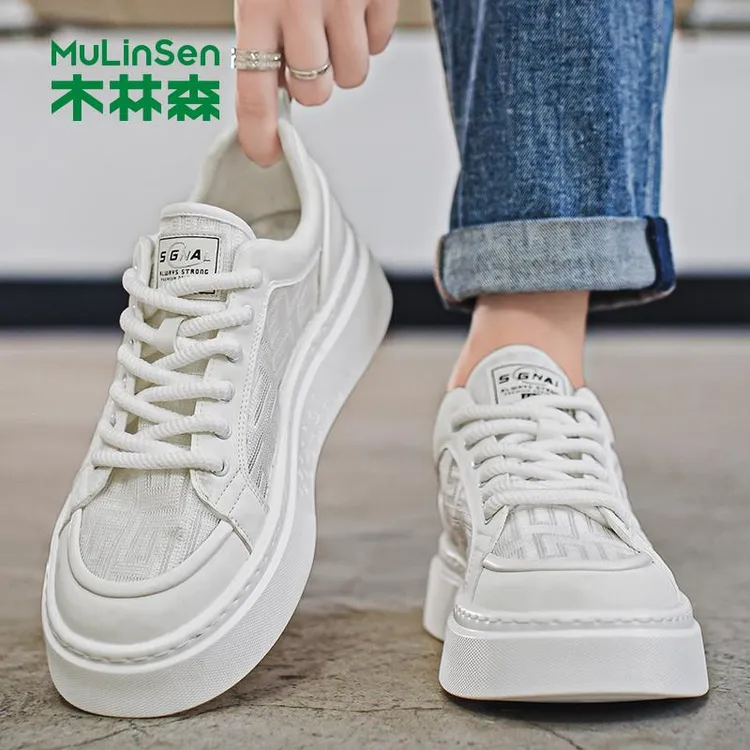 木林森厚底小白男鞋2025新款夏季软底薄款网面运动鞋休闲潮流板鞋
