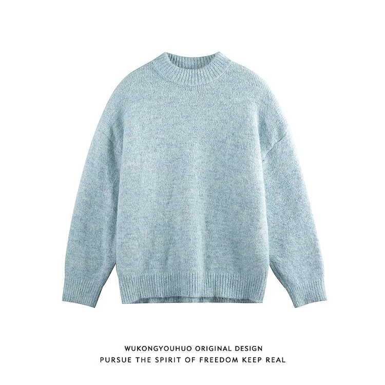 悟空有货复古慵懒风软糯马海毛圆领毛衣男潮牌情侣宽松休闲针织衫