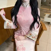 LHMknk1画报夫人旗袍原创自制厚款针织提花旗袍 英花胭脂倒大袖