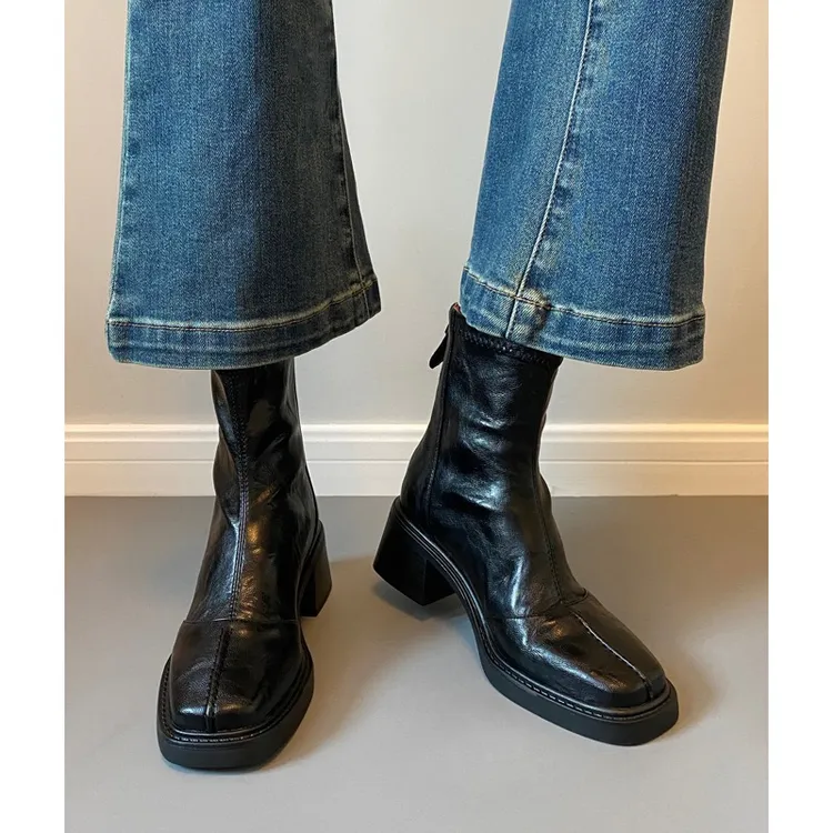 羊皮短靴女瘦瘦靴2025新款秋冬高跟方头粗跟复古马丁靴英伦风短筒