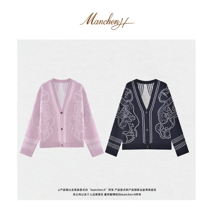 Manchenh"安曼城堡"订染色纺混色纱重工刺绣星座高克重针织开衫