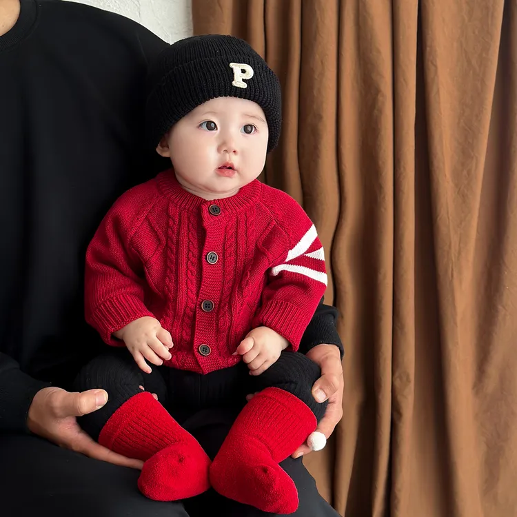 【100%棉】宝宝针织开衫春秋款洋气百搭红色毛衣儿童外出服外套