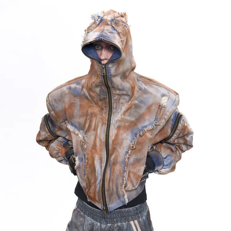 SEE 废土风短款连帽牛仔外套男秋季泥染毛边立体口袋男生拉链夹克