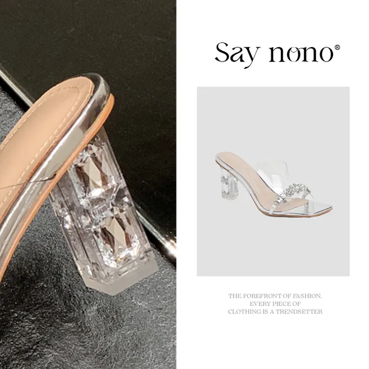 Say  nono  透明带亮钻花朵镶嵌露趾水晶跟气质性感凉鞋