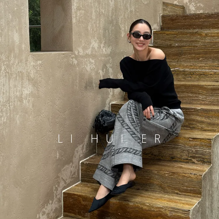 LiHuiEr李慧儿【拓明】风艺术感休闲裤压褶高腰显瘦阔腿裤HNL739-1