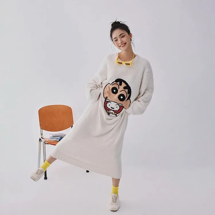 【蜡笔小新】半边绒睡袍女士秋冬季保暖加厚睡衣家居服