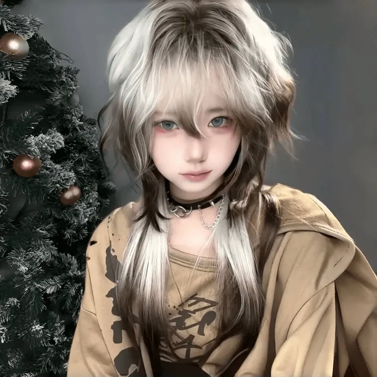 假发鲻鱼头加长狼尾少年感白棕渐变水母卷仿真发自然高层次全头套